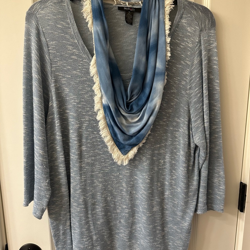 Style & Co. Women's Light Blue Marled V-Neck Sweater with Blue Scarf